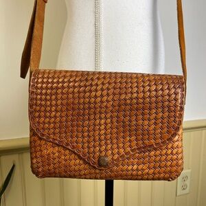 Handmade Genuine Leather Embossed Basketweave Crossbody Bag Brown Boho Western